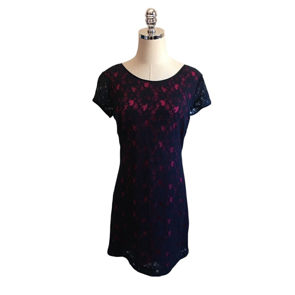 Banana Republic Mini Dress Women's Size 4 Petite Navy Pink Lace Cotton Blend